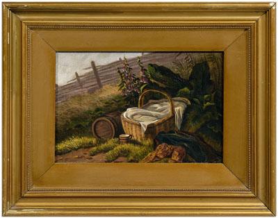 Appraisal: Still life painting picnic basket cask foxglove in a field