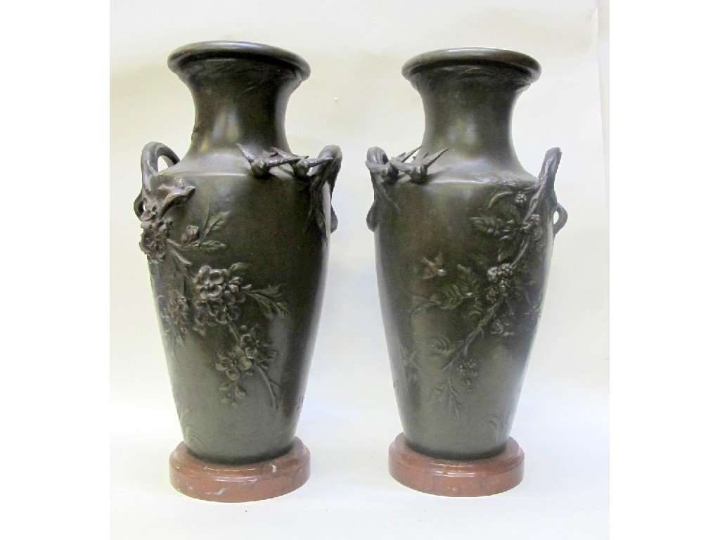 Appraisal: Pair of French spelter vases cast in relief with birds