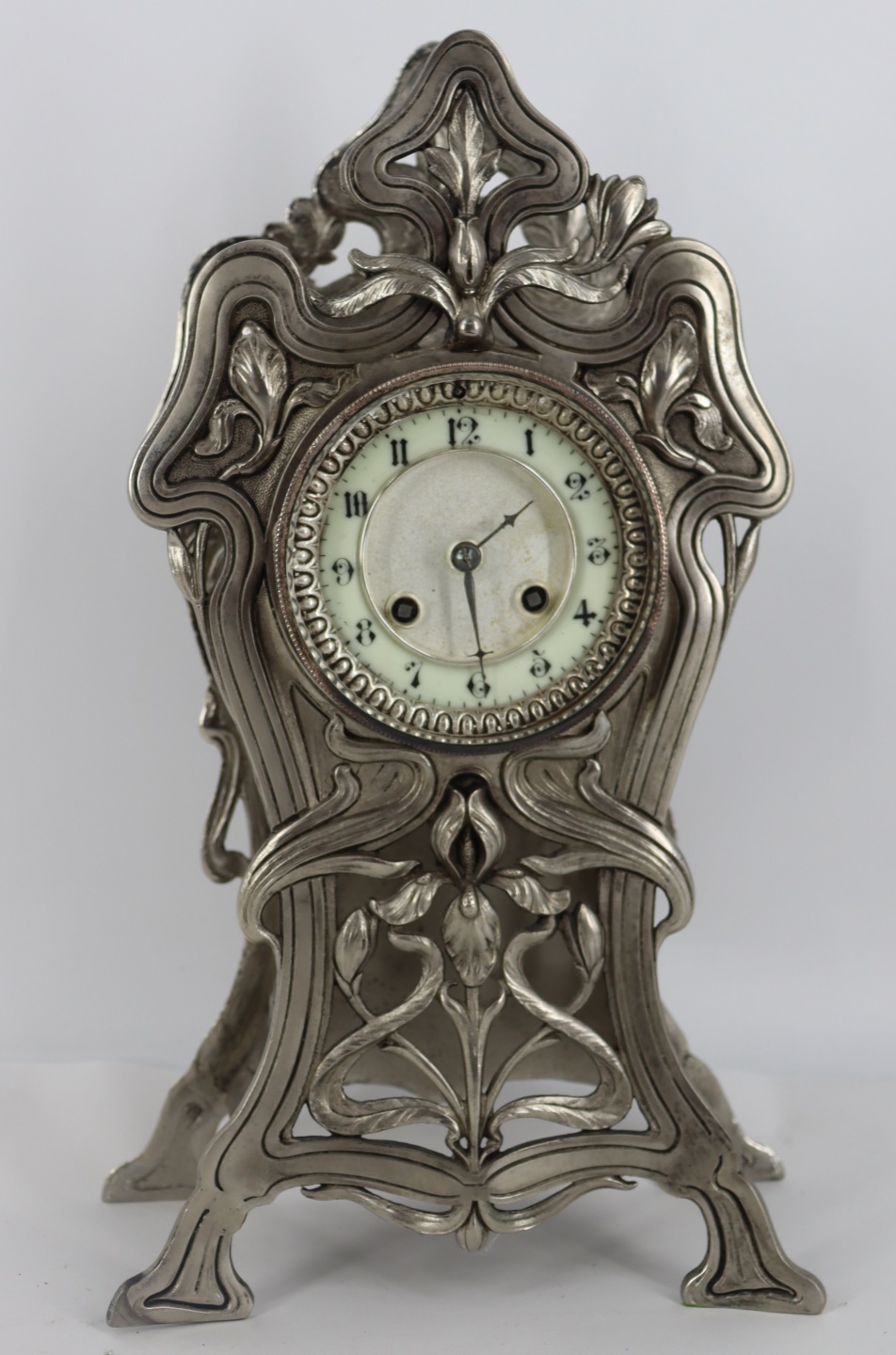 Appraisal: AN ART NOUVEAU SILVERED METAL CLOCK An excellent example of