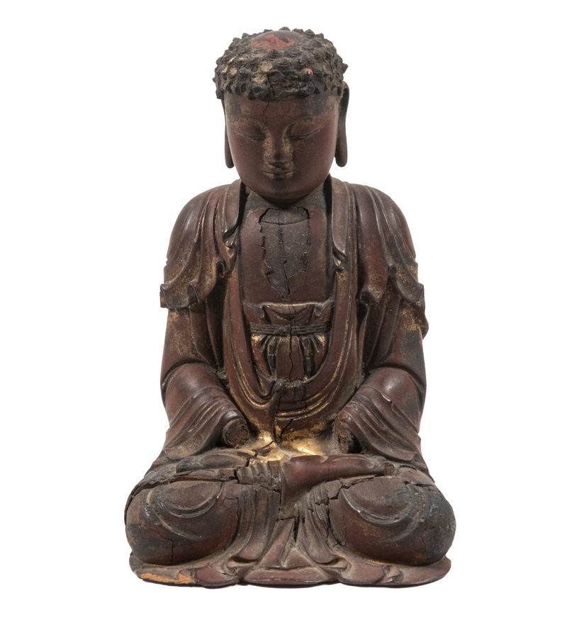 Appraisal: CHINESE CARVED WOODEN BUDDHA Ming Dynasty Carved and Lacquered Wooden