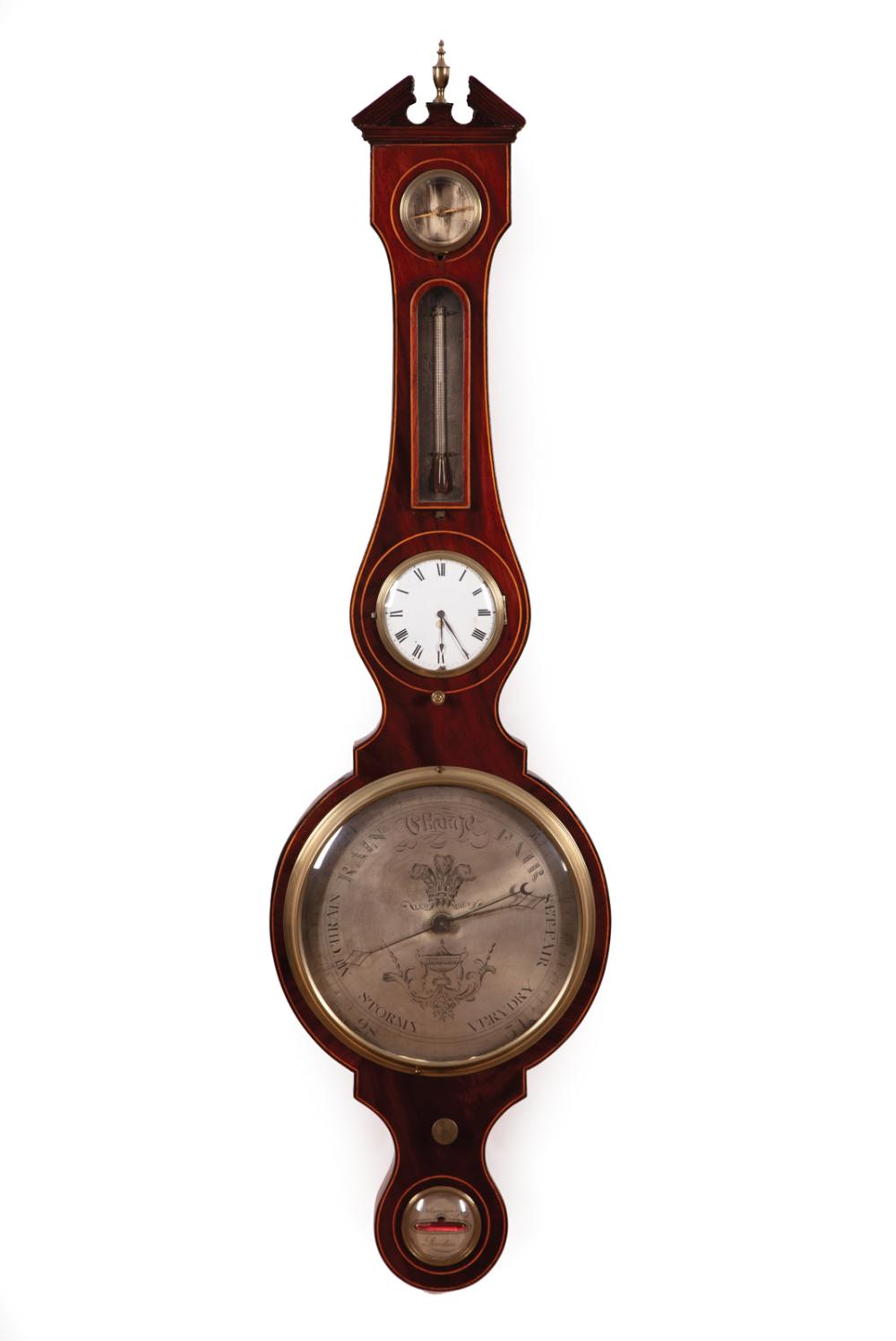 Appraisal: Antique English Inlaid Mahogany Barometer Adamson London fitted with clock