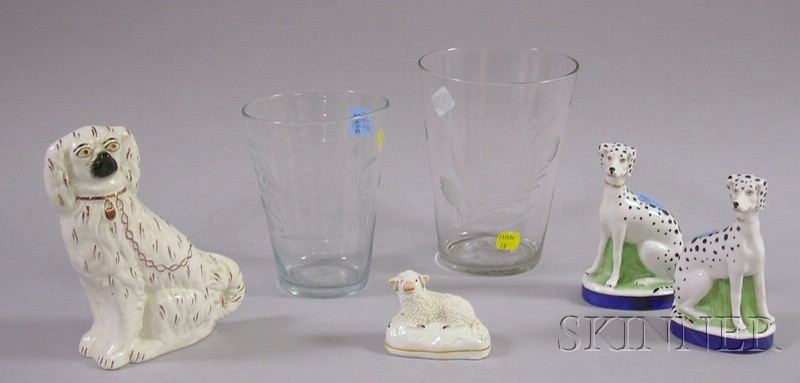 Appraisal: Four Assorted Staffordshire-type Figures and Two Colorless Etched Blown Glass