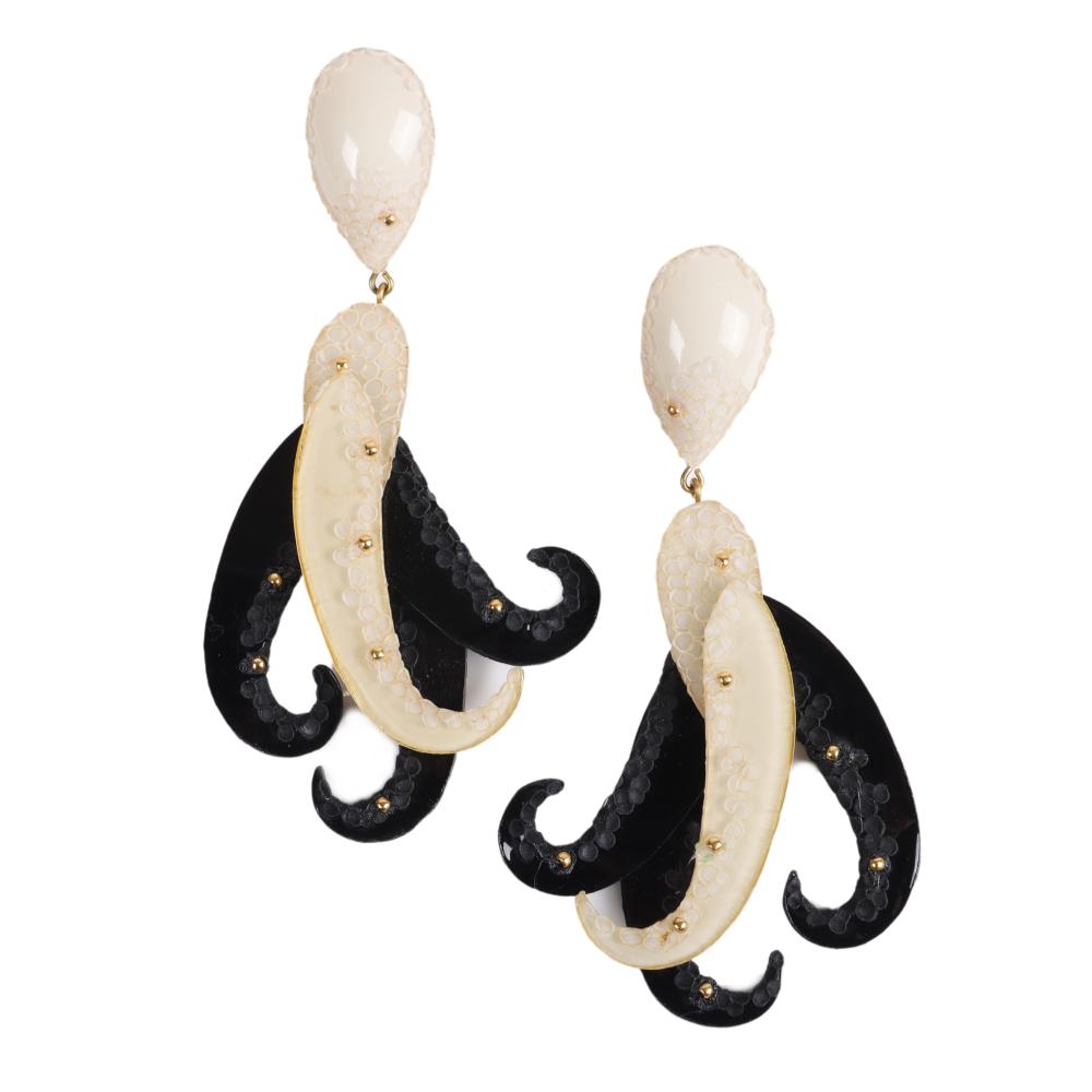 Appraisal: CILEA PARIS DESIGNER BLACK CREAM TEXTURED RESIN DANGLE EARRINGS ACCENTED