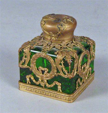 Appraisal: Neoclassical style gilt bronze mounted green glass inkwell th th