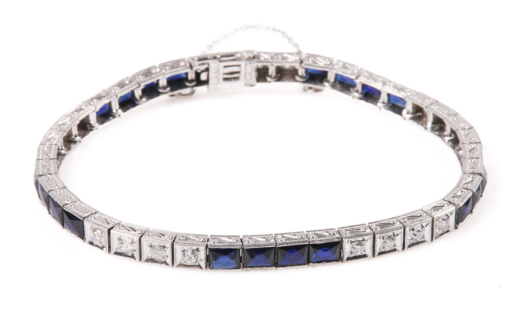 Appraisal: Platinum Diamond Sapphire Line Bracelet c French cut blue sapphires