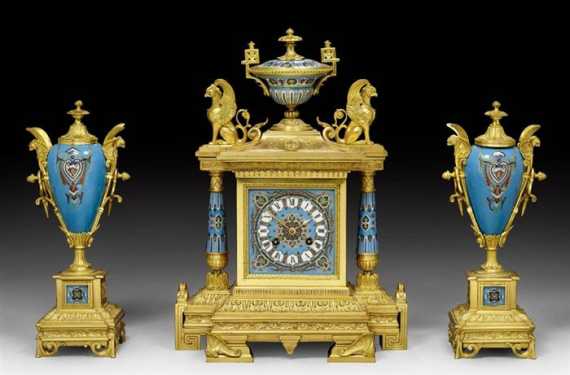 Appraisal: MANTEL SET AUX GRIFFONS Napoleon III Paris circa Light blue