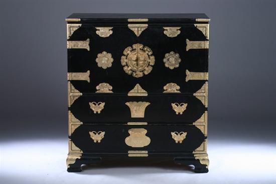 Appraisal: CHINESE BLACK LACQUERED WOOD CABINET Rectangular top above two doors