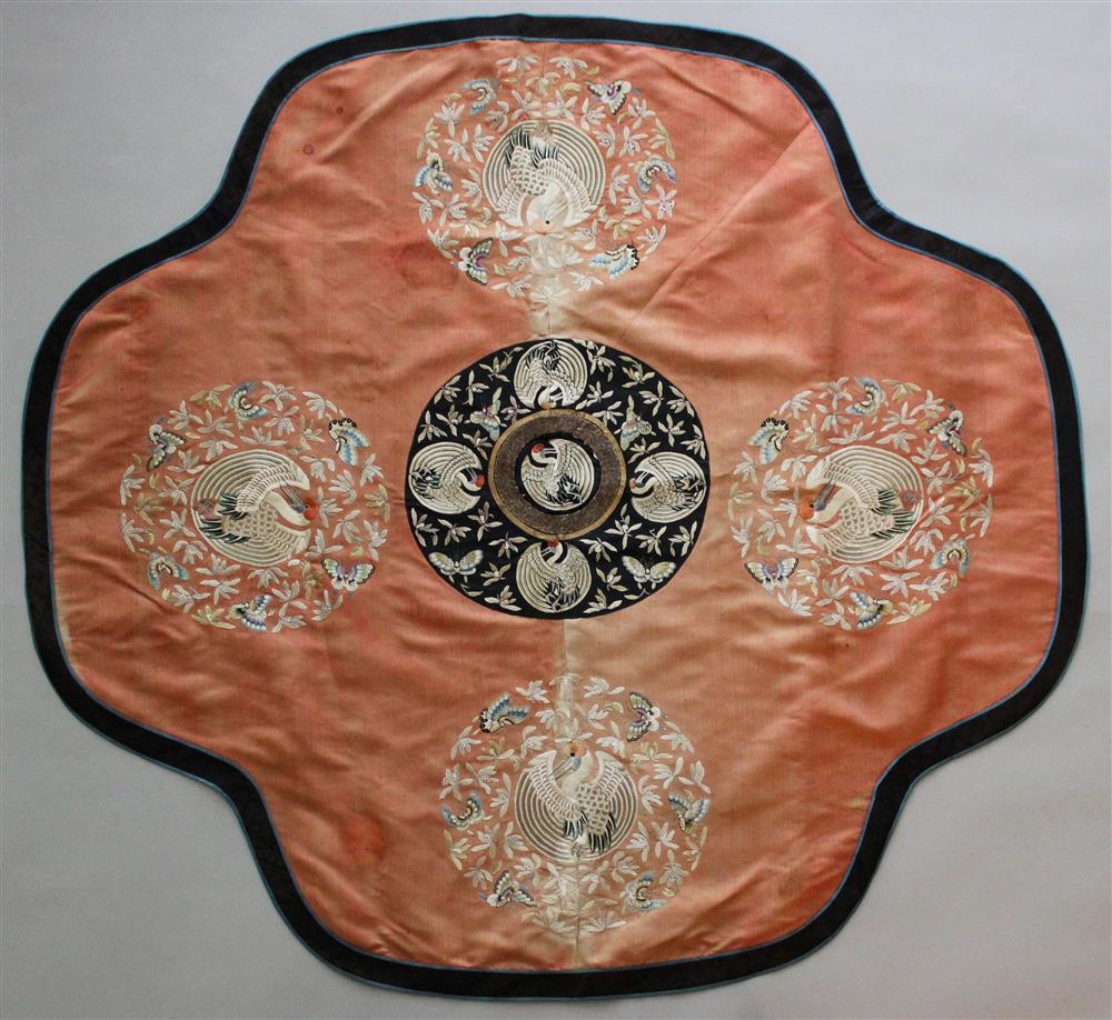 Appraisal: CHINESE SILK-EMBROIDERED SILK QUATRILOBED LARGE CHAIR COVER TH CENTURY the