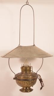 Appraisal: Country Store Hanging Kerosene lamp Embossed brass Font and tin