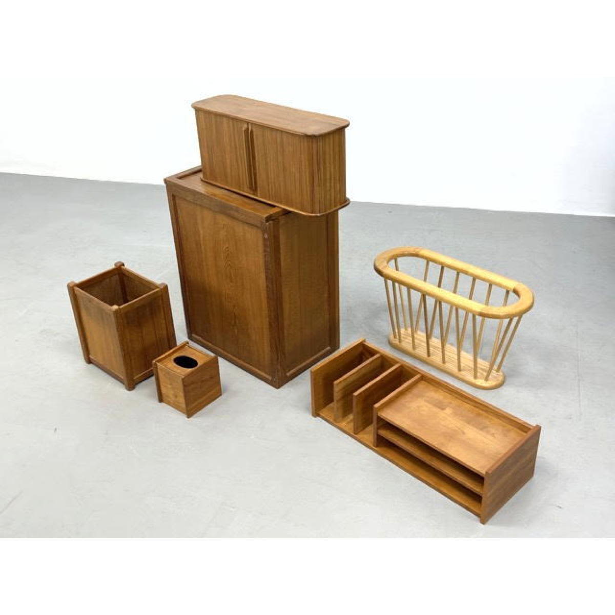 Appraisal: pc Teak Accessories Magazine racks waste basket Hamper bread box