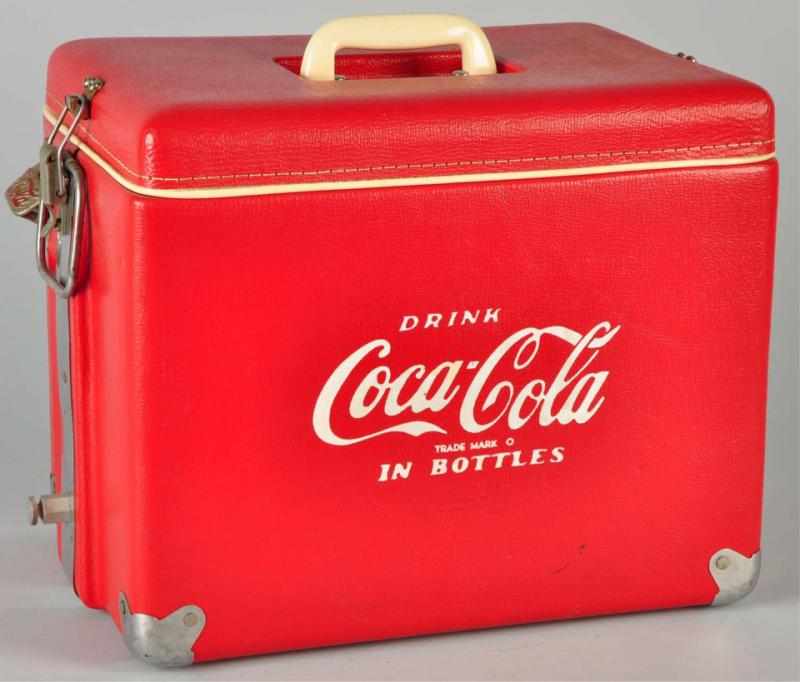 Appraisal: s Coca-Cola Leatherette Picnic Cooler Description Plastic vinyl and metal