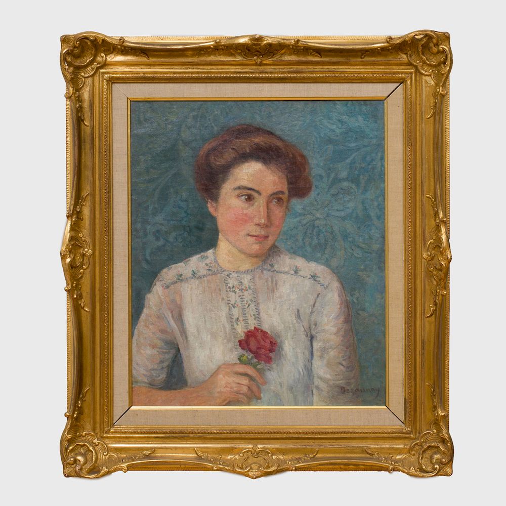 Appraisal: Attributed to Emile Dezaunay - Portrait la rose Oil on