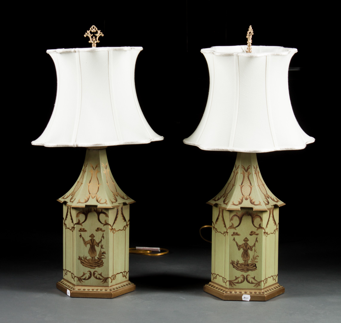 Appraisal: Pair of Victorian style toleware pagoda lamps pagoda form with