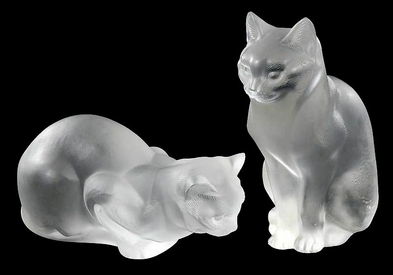 Appraisal: Two Lalique Frosted Glass Cats Chat Assis and Chat Couche