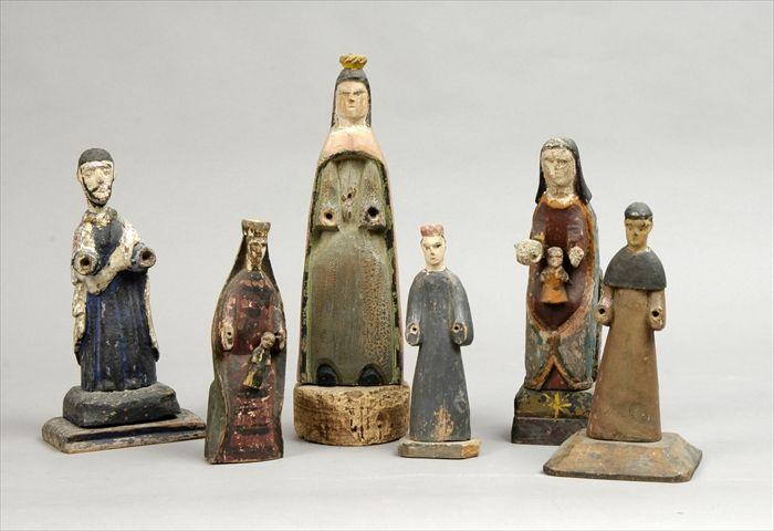 Appraisal: Six Polychrome Carved Wood Santos Figures to in Provenance The