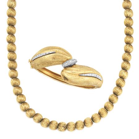 Appraisal: Fluted Gold Bead Necklace and Gold and Diamond Bangle Bracelet