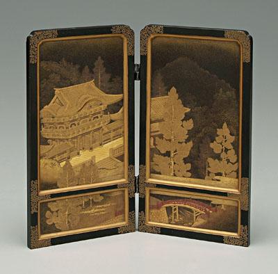 Appraisal: Japanese lacquer table screen two panels in hiramaki-e and kirigane