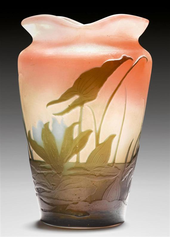 Appraisal: GALL MILE VASE circa Acid-etched clear and pink glass with