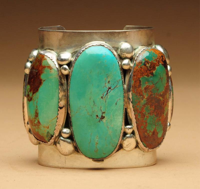 Appraisal: Sterling Turquoise Bracelet Marked ENCBIERRS Five large turquoise stones Condition