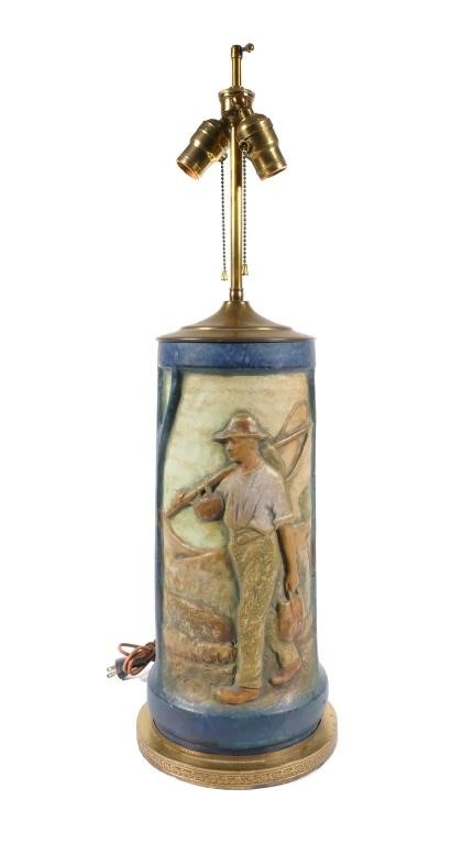 Appraisal: Art Nouveau art pottery table lamp with farmhouse and farmer