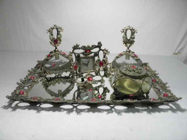 Appraisal: Five piece reticulated cast metal vanity set with gold-gilt type