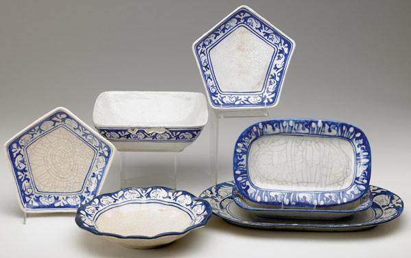 Appraisal: DEDHAM Crackleware seven serving pieces mostly in the Clockwise Rabbit