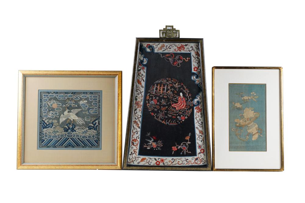 Appraisal: GROUP OF CHINESE TEXTILEScomprising three assorted framed textiles largest frame