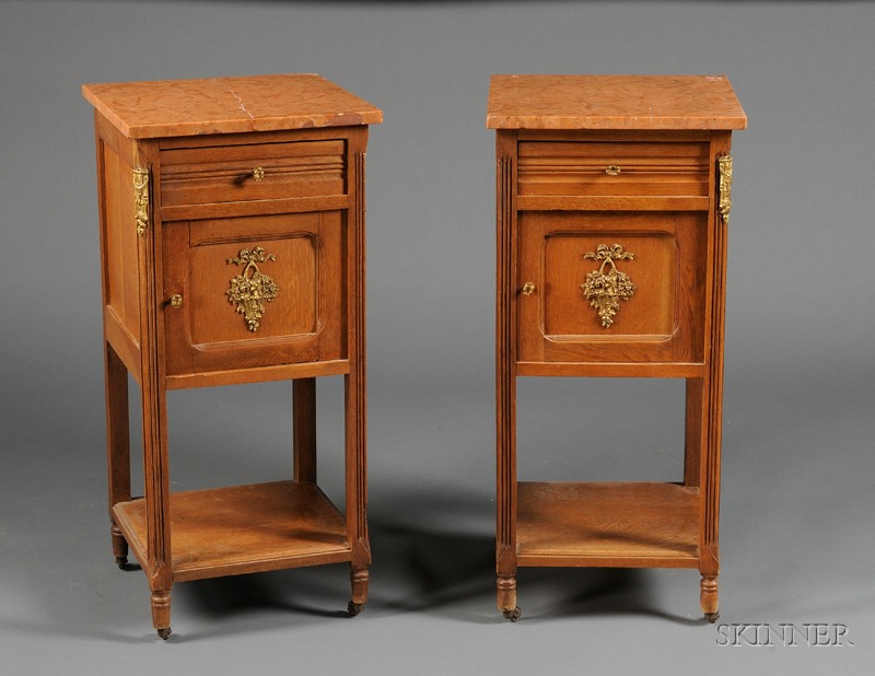 Appraisal: Pair of French Bronze-mounted and Marble-top Oak Night Tables th