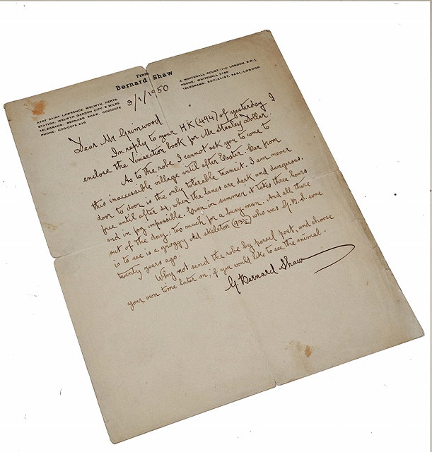 Appraisal: SHAW George Bernard - An Autograph Letter Signed to Mr