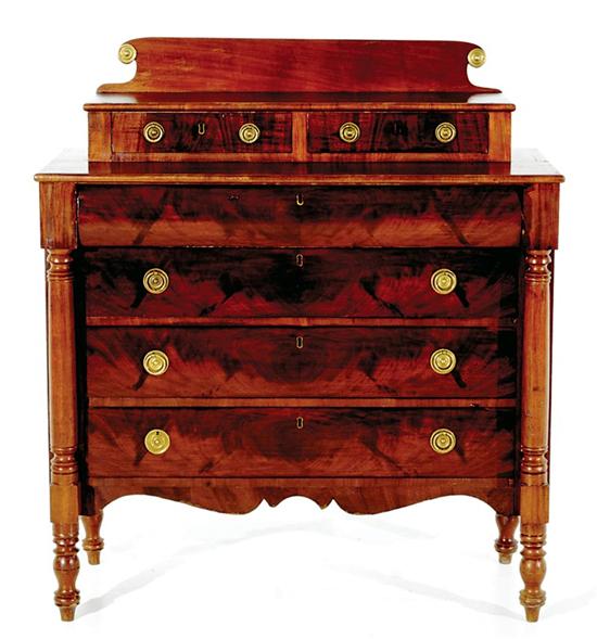 Appraisal: American Empire mahogany chest of drawers circa shaped backsplash terminating