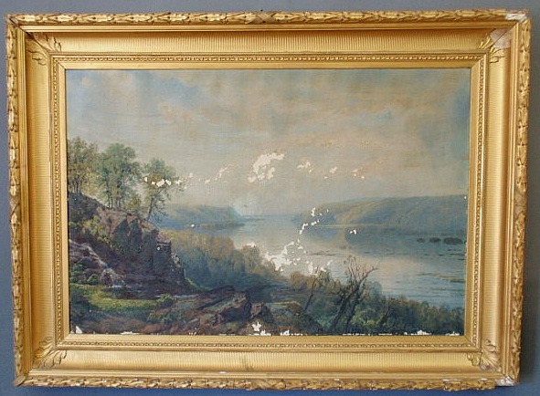 Appraisal: Oil on canvas painting river scene signed Edmund D Lewis