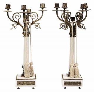 Appraisal: Pair Empire Style Carved White Marble Five-Light Candelabrum with Bronze