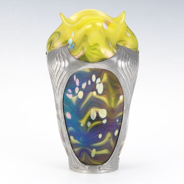 Appraisal: LOETZ IRIDESCENT GLASS IN PEWTER MOUNTING x Bright yellow vase