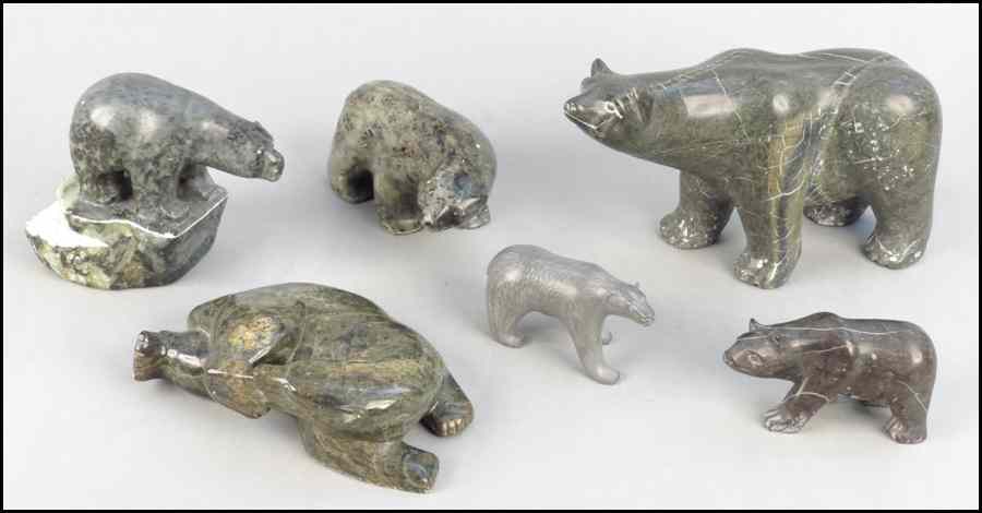 Appraisal: BEN SACLAMANA INUIT CARVED STONE BEAR Together with five Inuit