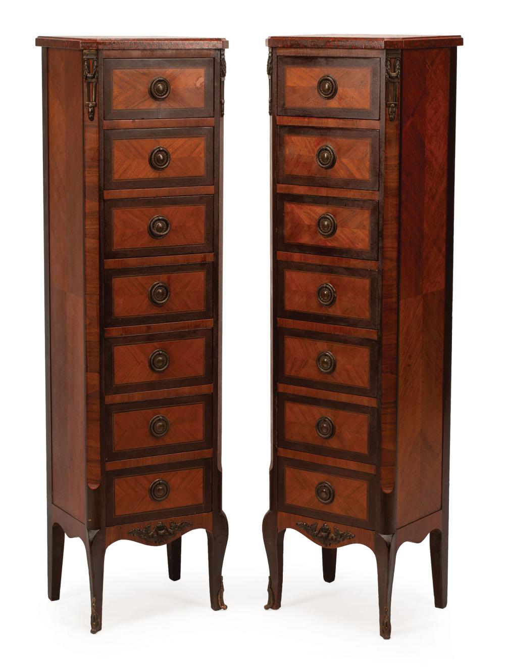 Appraisal: Pair of Louis XVI-Style Mahogany and Parquetry Semainiers faux marbre