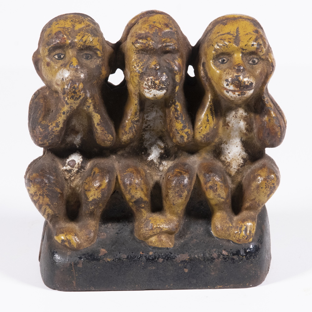 Appraisal: CAST IRON THREE MONKEYS STILL BANK Heavy Painted Iron Bank