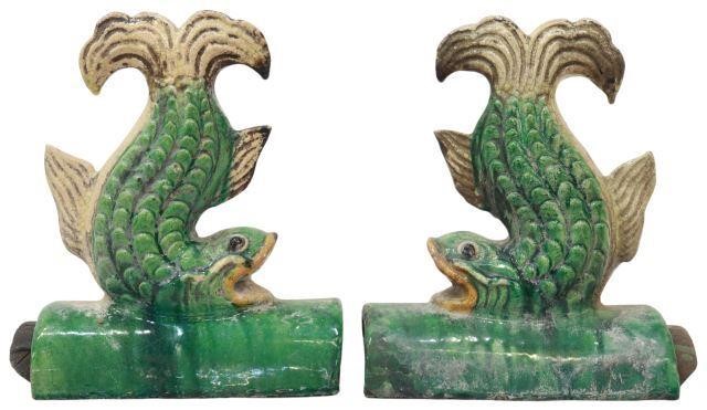 Appraisal: pair Chinese Sancai glazed ceramic figural roof tiles depicting fish