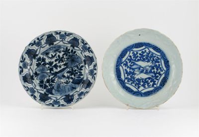 Appraisal: Two Chinese blue and white moulded plates one brightly painted