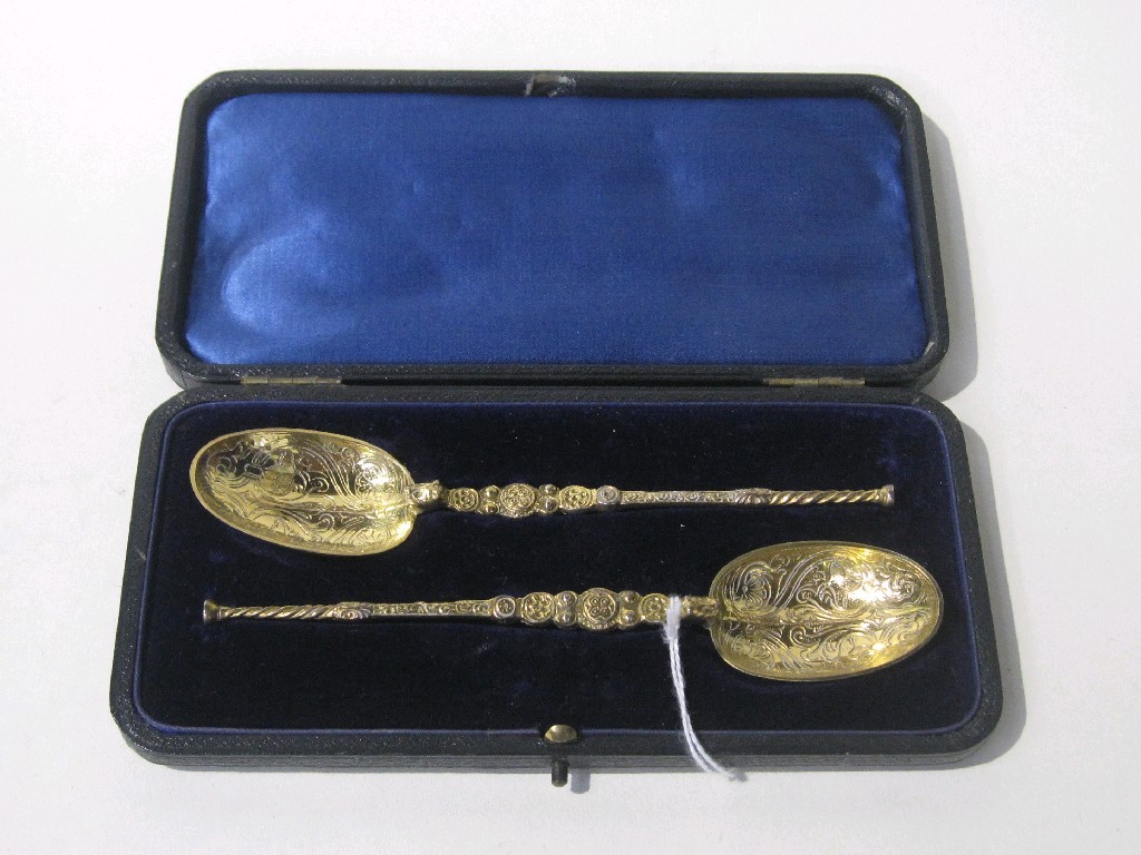 Appraisal: Cased pair of silver gilt anointing spoons London