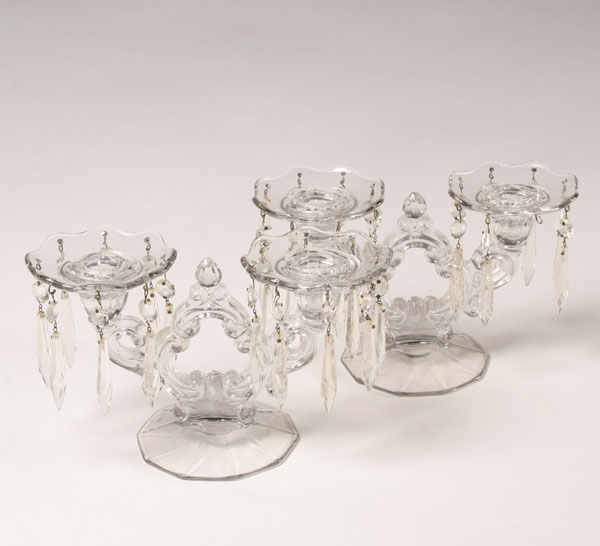 Appraisal: Pair Cambridge crystal keyhole double candle holders with prisms H