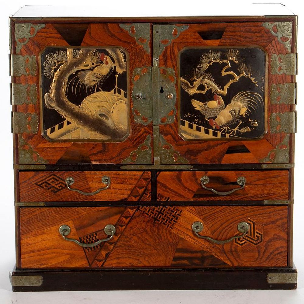 Appraisal: Asian Marquetry Inlaid Table Cabinet Jewel Cabinet The cabinet fitted