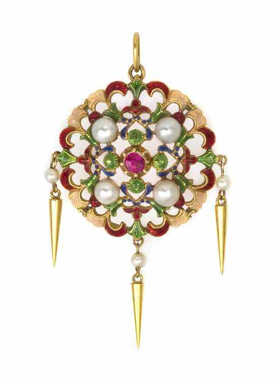 Appraisal: An Karat Yellow Gold Polychrome Enamel Pearl and Synthetic Ruby