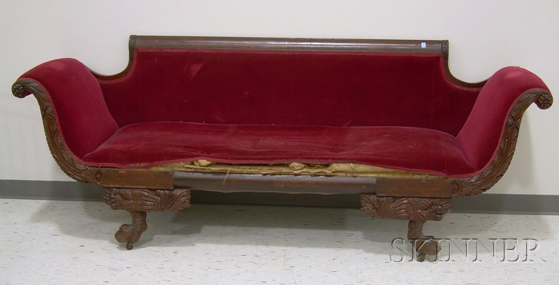 Appraisal: Empire Upholstered Carved Mahogany and Mahogany Veneer Sofa lg in