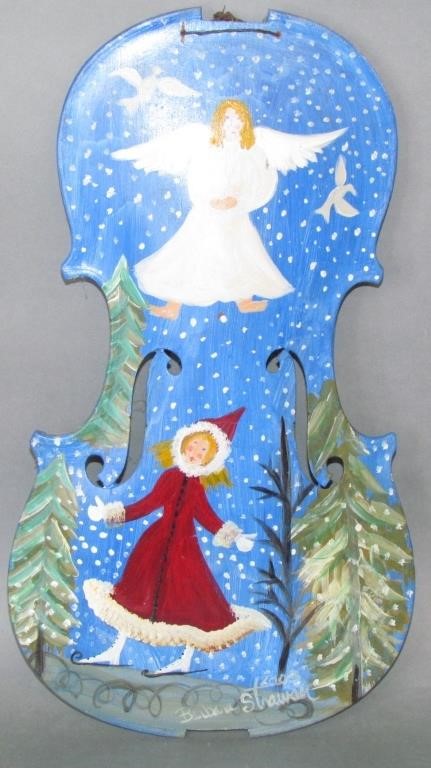 Appraisal: BARBARA STRAWSER FOLK ART PAINTED VIOLIN BODYwinter scene with angel