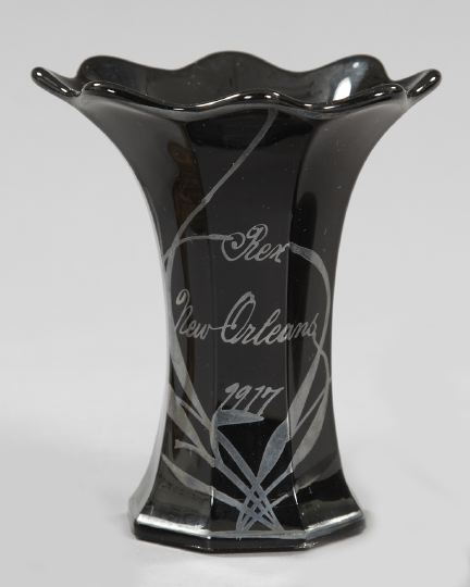 Appraisal: Rex Souvenir Vase composed of silver-deposit mirror-black glass of paneled