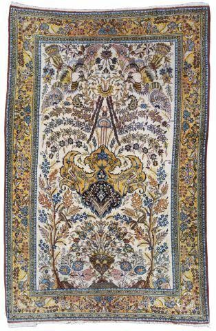 Appraisal: Hand-tied rug Tree of Life design yellow border with birds