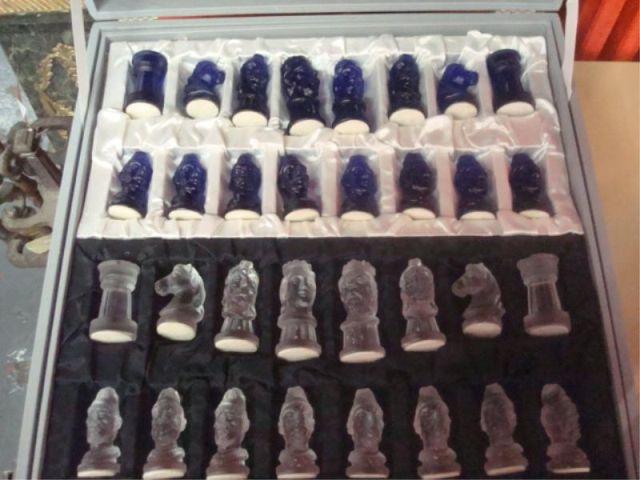 Appraisal: Boxed Glass Chess Set Lalique style Some pieces have chips