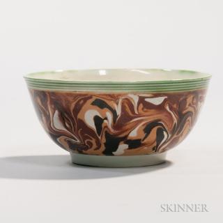 Appraisal: Slip-marbled Creamware Slop Bowl England c with green reeded rim