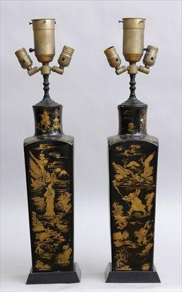 Appraisal: PAIR OF CHINESE BLACK-GLAZED VASES MOUNTED AS LAMPS Each angular