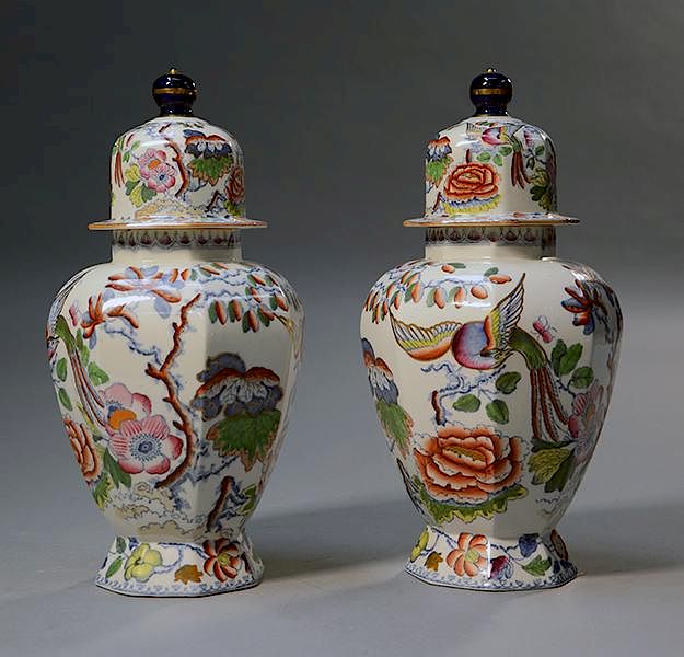 Appraisal: Pair of Mason's ironstone covered urns Pair of Mason's ironstone